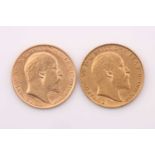 Two Edward VII half sovereigns, dated 1908 and 1909.Qty: 2