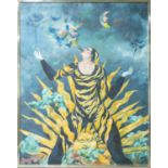 Carole Hubble (contemporary), Pierrot with Sun and Moon, oil on canvas, 120 cms by 95 cms in a metal