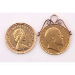 A QE II half sovereign, 1982, together with a Edward VII half sovereign, 1902, with attached pendant