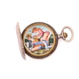 A double hunter Perfecta silver pocket watch, with a hand-painted dial depicting a 'risque' scene