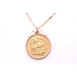 A George V sovereign coin, 1902 in pendant mount on a 9carat yellow gold elongated box link chain,