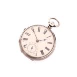 An open face silver pocket watch, with white enamel dial and gothic Roman numerals, subsidiary