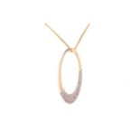 A 9ct yellow gold oval pendant on chain, the elongated oval hoop part pave set with diamomds, with a