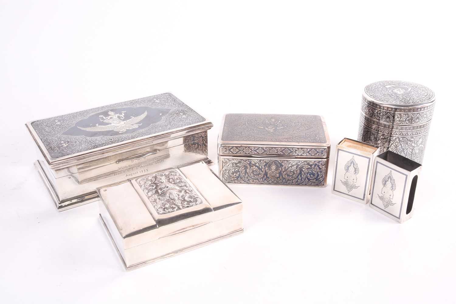 A Tai white metal niello rectangular cigarette box inscribed “D.A.B. with best compliments From B.