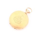 An 18ct yellow gold monogrammed and engraved double hunter case pocket watch with a white enamel