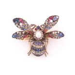 A large Victorian bee brooch, multi gem-set with diamonds, rubies, and sapphires; the thorax set