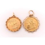 A sovereign dated 2000, in scalloped 9 carat gold pendant mount; another similar, dated 1968.
