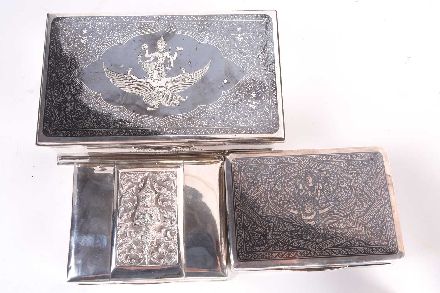 A Tai white metal niello rectangular cigarette box inscribed “D.A.B. with best compliments From B. - Image 3 of 3