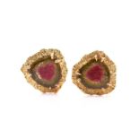 A pair of yellow metal stamped 14kt clip earrings, claw set with watermelon tourmaline measuring