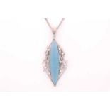 An aquamarine and diamond pendant on chain, the elongated marquise aquamarine cabochon to an