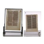 Two early illuminated bible pages on vellum, 13th - 14th century, principally in black ink with