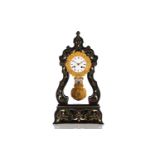 A French ebonised lyre-shaped 8-day portico mantle clock,19th century by Marti and Sons, the case