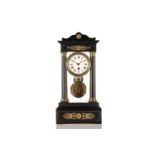 A 19th century ebonized 30-hour Duru of Paris portico timepiece with elaborate gridiron pendulum The