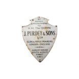 A reproduction James Purdey & Sons enamel shield-shaped shop display or advertising sign, 'By