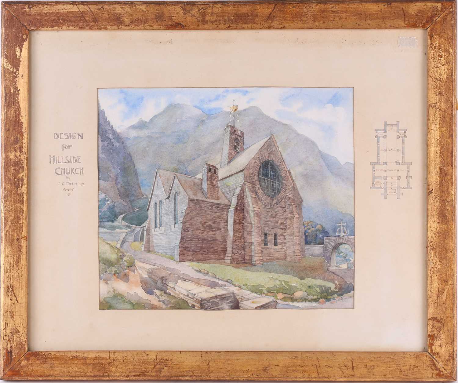 C.L. Brierley, a late 19th-century watercolour, 'Design for Hillside Church', 17.5 cm x 31.5 cm,