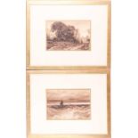 19th-century school, two monochrome watercolours, a landscape and a seascape, each bearing the