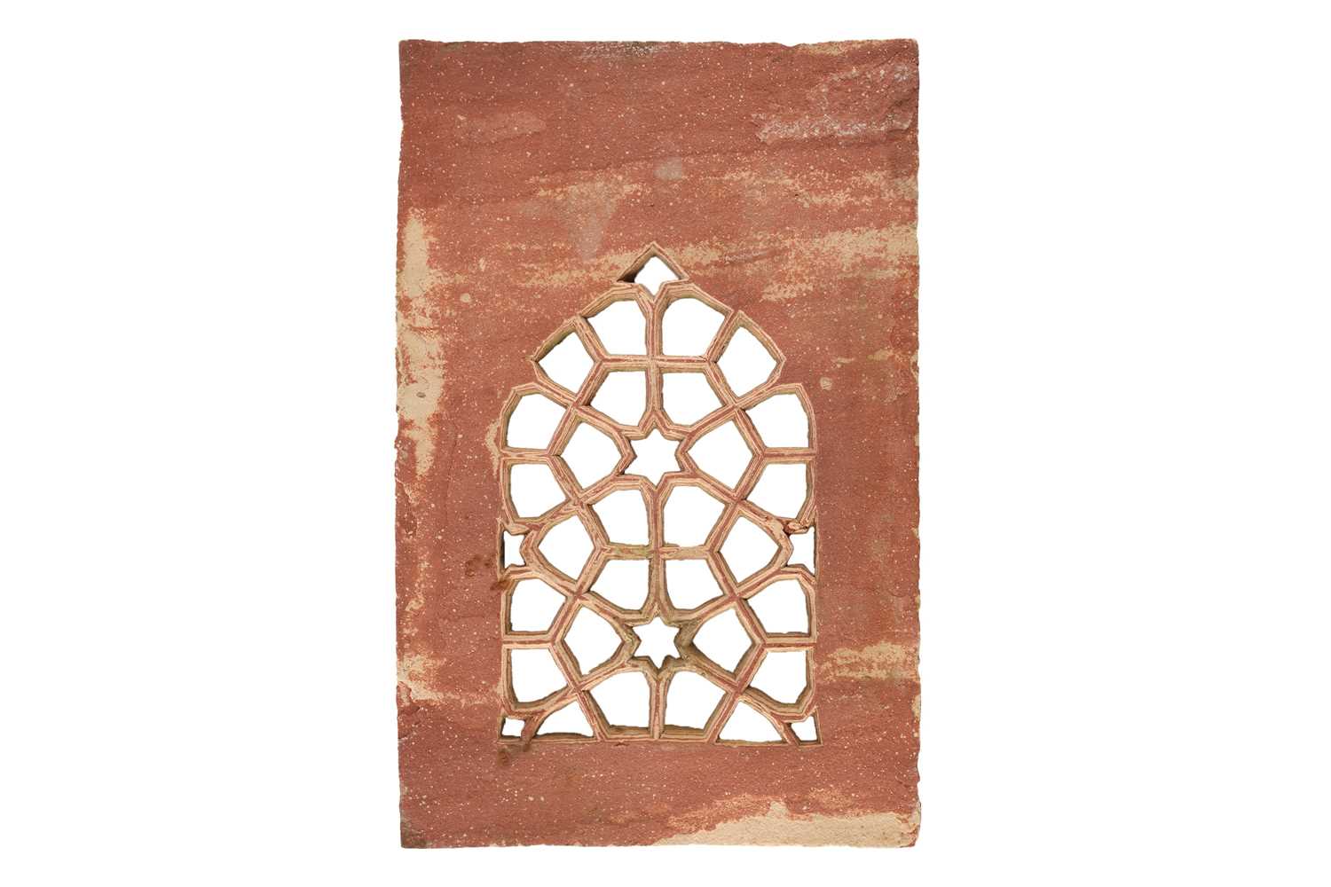 An Indian carved and pierced lancet arched pottery window panel of cellular design with a central - Image 2 of 3