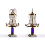 A pair of Swedish Neoclassical ormolu, cut-glass and blue-glass four-light girandoles. 97 cm high