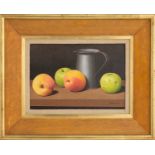 Tristram Hillier RA (1905-1983), a still life study, 'Apples & Peaches with a Tin Jug', tempera on