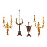 A French gilt metal mounted rouge marble urn form table lamps with lion's mask handles, 41 cm