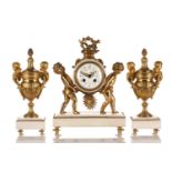 A.D Mougin, a French white marble and ormolu mounted clock garniture, late 19th/20th century. The
