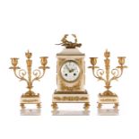 Samuel Marti a French white marble and ormolu clock garniture, early 20th century, the 8-day clock