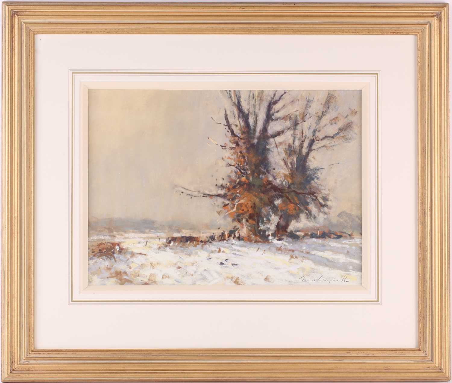 James Longueville (b.1942) British, 'Oaks in the Snow, Cheshire', pastel landscape, signed to