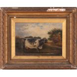 19th-century school, a study of a Friesian cow in a landscape, oil on canvas, 24.5 cm x 34.5 cm in a