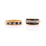 A sapphire and diamond ring and one earring, the yellow metal ring channel set with round mixed