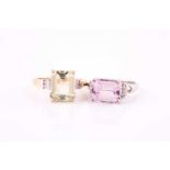 Two kunzite and diamond rings The first cut-cornered step-cut pink kunzite within a four-claw