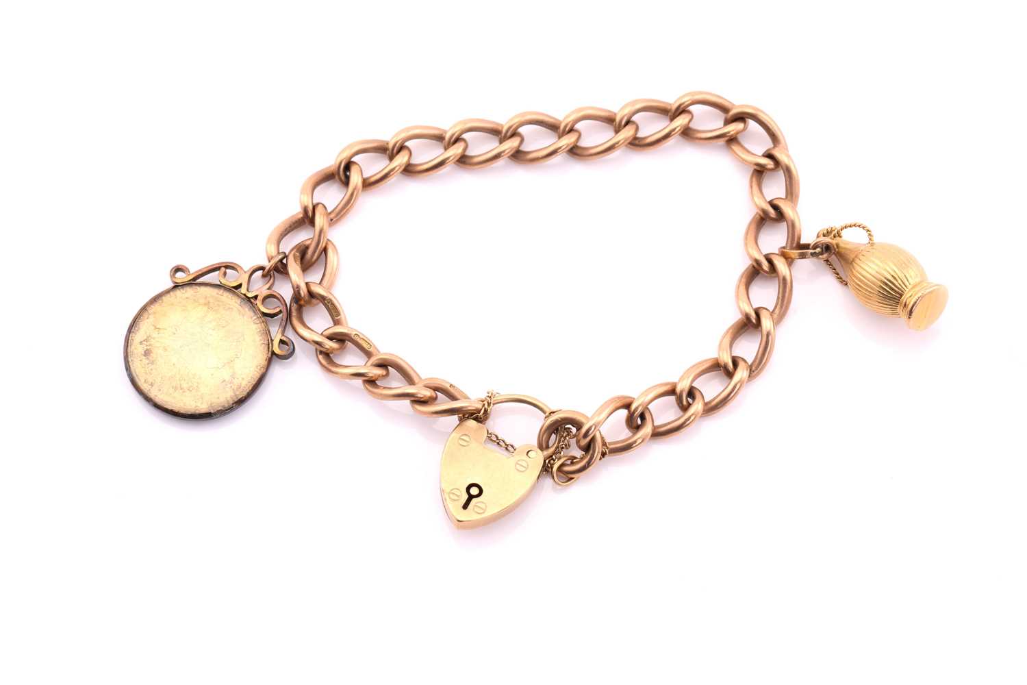 A 9ct rose gold charm bracelet with heart shape padlock and a two handled urn, stamped 750, and a