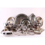 A pair of silver plated coasters, a set of six fish knives and forks, together with a quantity of