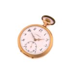 An open-faced gold pocket watch; the white enamel dial with Roman numerals and minute markers;