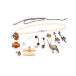 A small collection of jewellery comprising of an amber ring set in white metal stamped 925, an amber