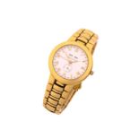 An Eberhard & Co Day-Date and GMT quartz ETA swiss movement watch in 18ct yellow gold, with a