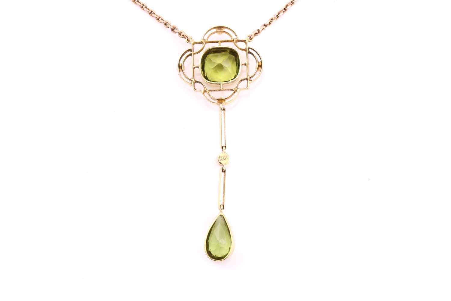 A peridot pendant necklace, early 20th century, the pendant centred by a cushion shape peridot, - Image 3 of 3