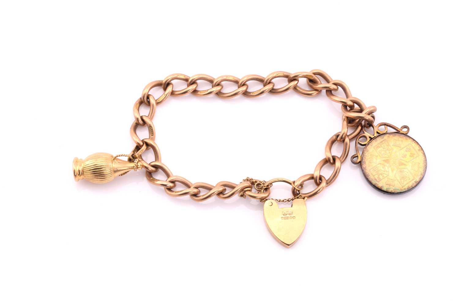 A 9ct rose gold charm bracelet with heart shape padlock and a two handled urn, stamped 750, and a - Image 2 of 2