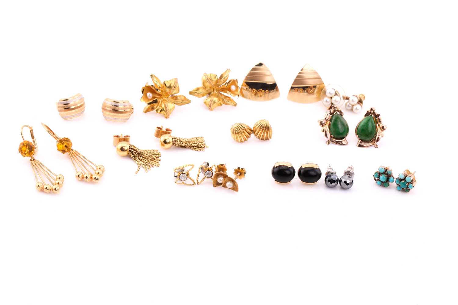 A collection of twelve pairs of stud earrings and a pair of drop earrings, comprising of a pair of