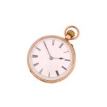 An open face 9ct gold pocket watch, with a white enamel dial featuring roman numerals in a case