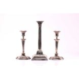 A pair of old Sheffield plated table candlesticks of oval section, 18th/19th century, with removable