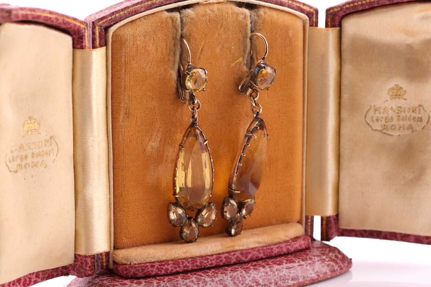 A pair of citrine ear pendants, mid 20th century, with a circular stud above an elongated pear shape - Image 2 of 3