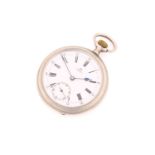 An Omega stainless steel open face pocket watch, the silvered dial with Roman numerals and