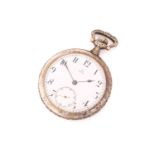 An Omega stainless steel open face pocket watch, the white enamel dial with Arabic numerals and