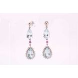 A pair of aquamarine and diamond cluster drop earrings with pink sapphire accents, each consisting