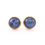 A pair of kyanite earrings, each consisting of a round blue kyanite cabochon, measuring
