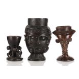 A large Kuba triple faced palm wine cup, Democratic Republic of Congo, the rim and forehead