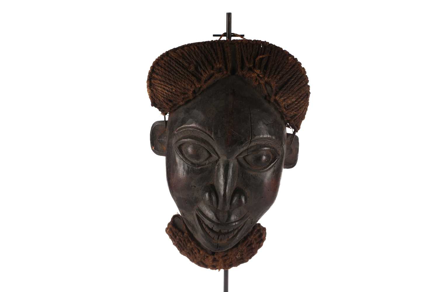 A Bamun beaded face mask, Cameroon, with woven raffia coiffure and beard, a long braid issuing - Image 3 of 5