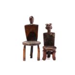 A small Kwere chair, Tanzania, with a Mwana Hiti head with inset metal and glass bead eyes, the neck