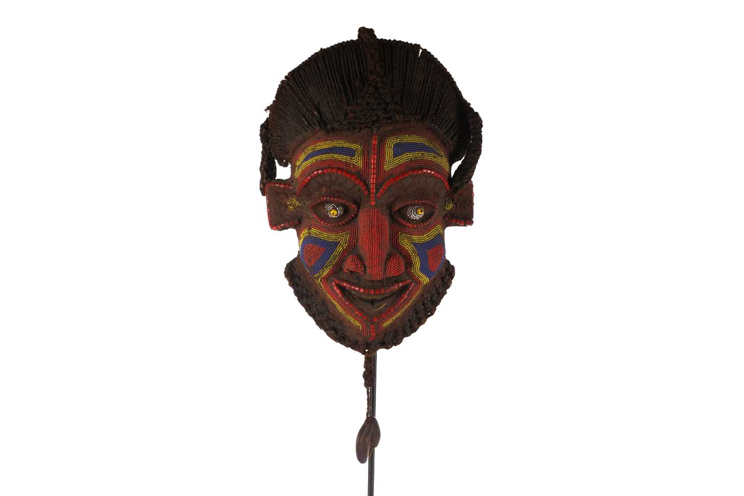 A Bamun beaded face mask, Cameroon, with woven raffia coiffure and beard, a long braid issuing - Image 4 of 5