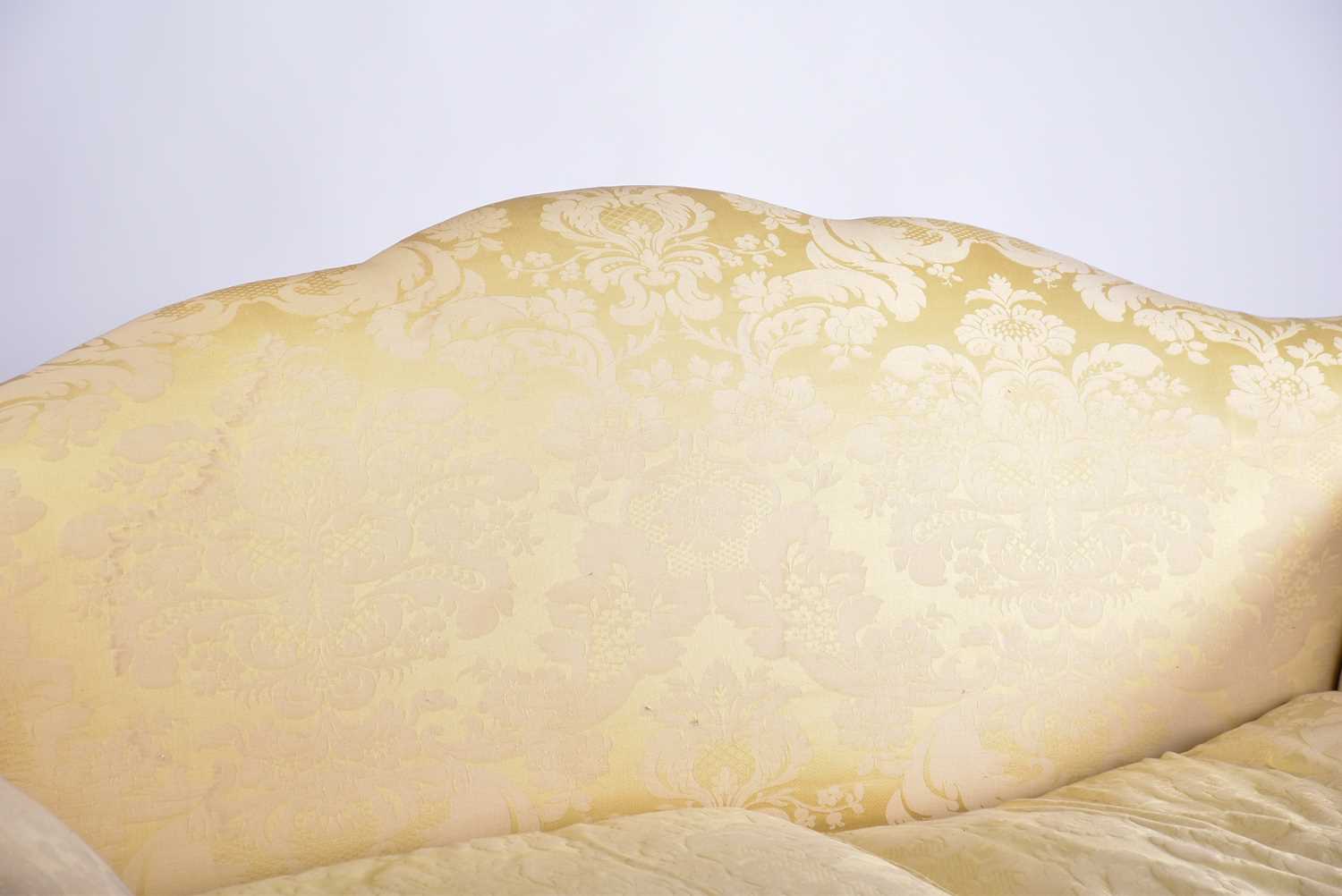 A pair of Harrods camel back two-seat sofas with stuff over pale gold Damask upholstery with - Image 12 of 12